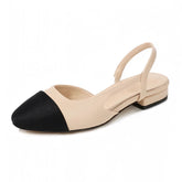 Beige & Black Contrast Toe Slingback Low-Block Ballet Silhouette Flats